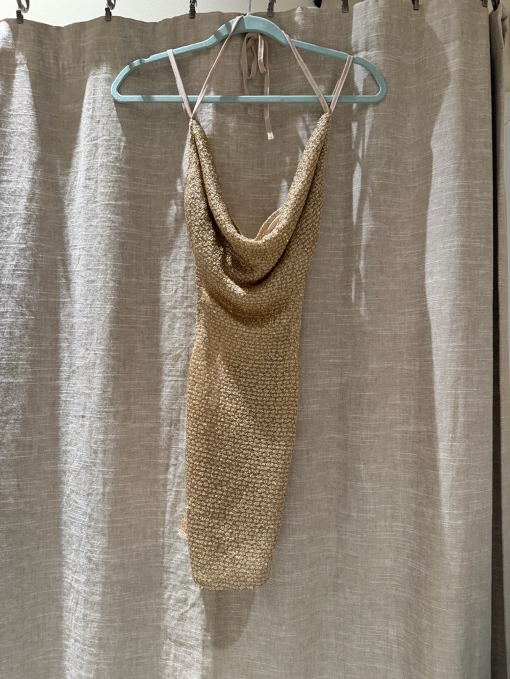 Gold Cowl Neck Mini Dress with Spaghetti Straps